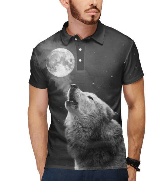 Мужское поло с изображением Волк одиночка цвета Белый