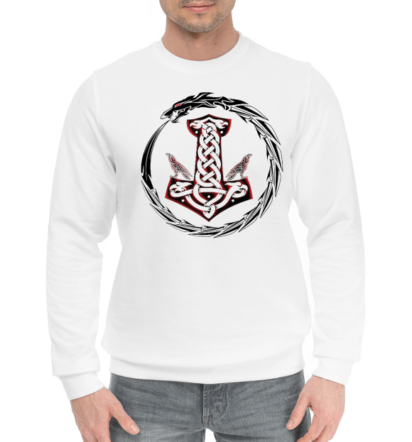 Мужской хлопковый свитшот с изображением Молот Тора в кольце цвета Белый