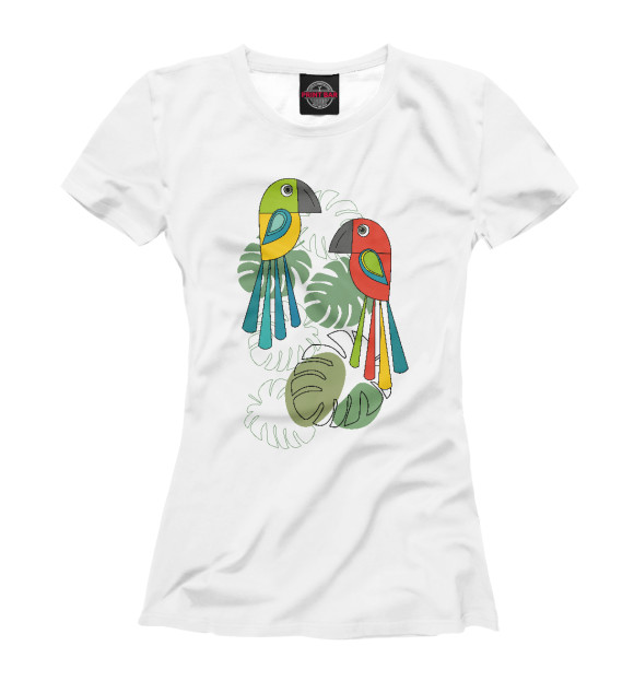Женская футболка с изображением Попугаи и листья монстеры. цвета Белый
