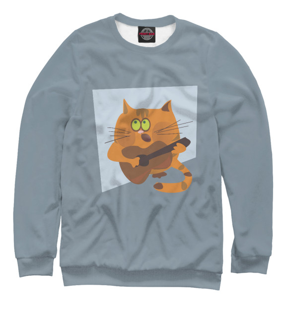 Мужской свитшот с изображением Кот с гитарой цвета Белый