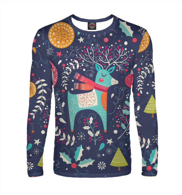 Мужской лонгслив с изображением Новогодний олень цвета Белый