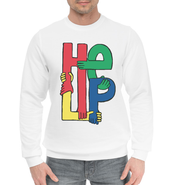 Мужской хлопковый свитшот с изображением HELP цвета Белый