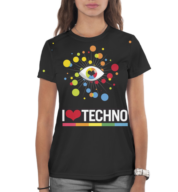 Женская футболка с изображением I Love Techno цвета Белый