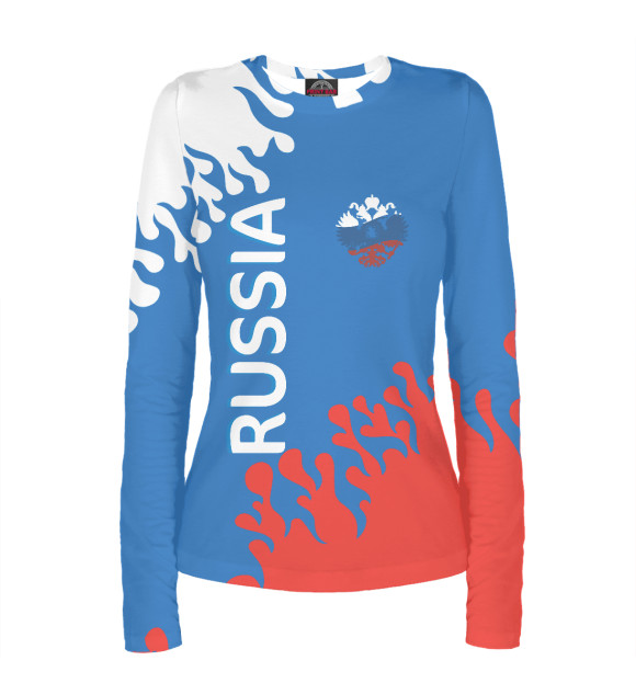 Женский лонгслив с притом Флаг и герб России цвета Белый Женский лонгслив с изображением Флаг и герб России цвета Белый
