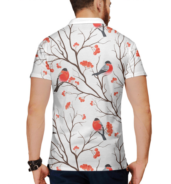 Мужское поло с изображением Снегири на Ветке цвета Белый