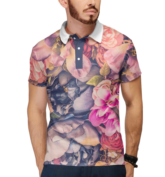 Мужское поло с притом Vintage Flower цвета Белый Мужское поло с изображением Vintage Flower цвета Белый