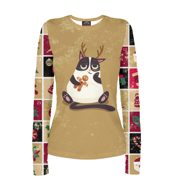 Женский лонгслив с изображением Новогодний кот цвета Белый