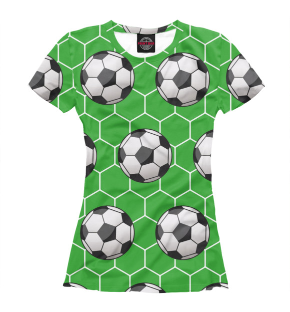 Женская футболка с изображением Футбольные мячи на зеленом фоне цвета Белый