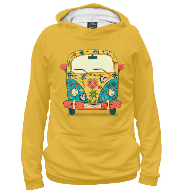 Мужское худи с изображением Hippie car цвета Белый