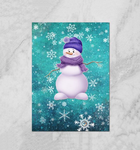 Плакат с изображением Снеговик в шарфе цвета Белый