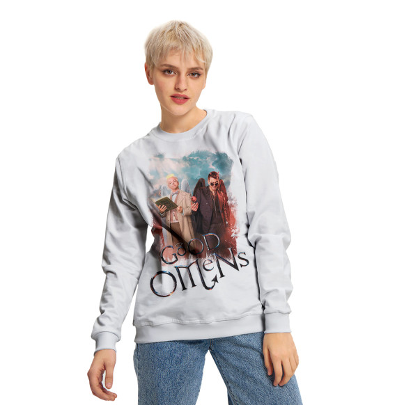 Женский свитшот с изображением Азирафаэль и Кроули белый фон цвета Белый