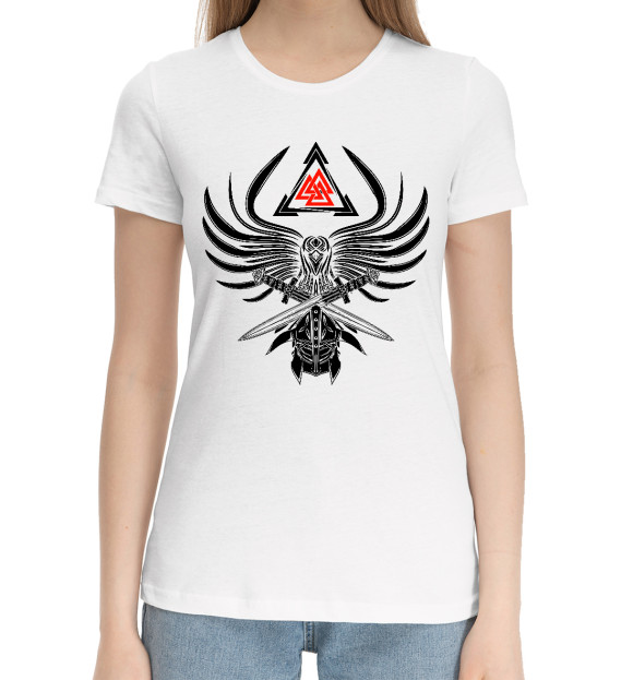 Женская хлопковая футболка с изображением Валькнут, путь воина цвета Белый