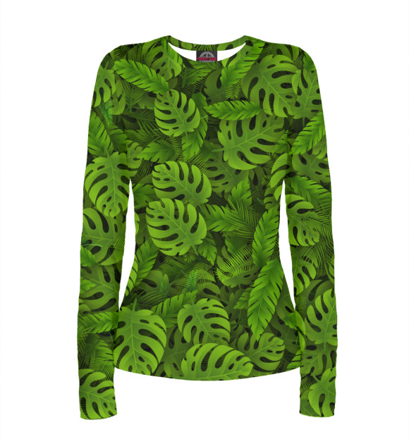 Женский лонгслив с изображением Зеленые тропические листья цвета Белый