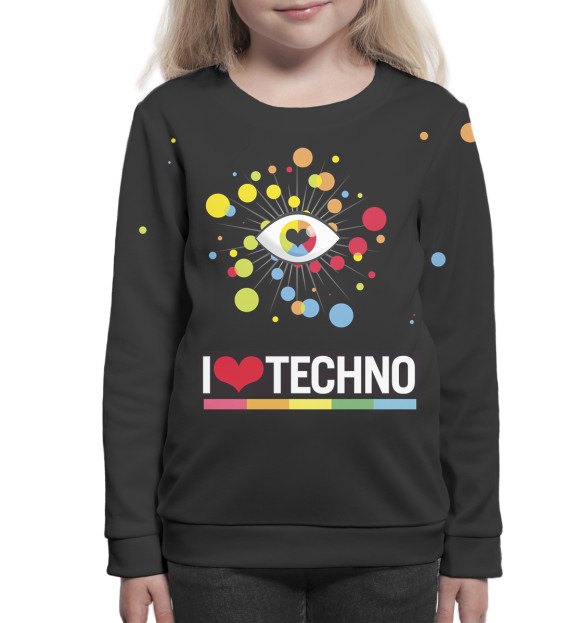 Свитшот для девочек с изображением I Love Techno цвета Белый