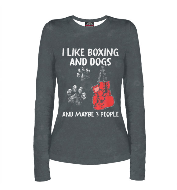 Женский лонгслив с притом I Like Boxing And Dogs And цвета Белый Женский лонгслив с изображением I Like Boxing And Dogs And цвета Белый