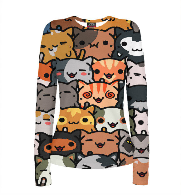 Женский лонгслив с притом Котики цвета Белый Женский лонгслив с изображением Котики цвета Белый