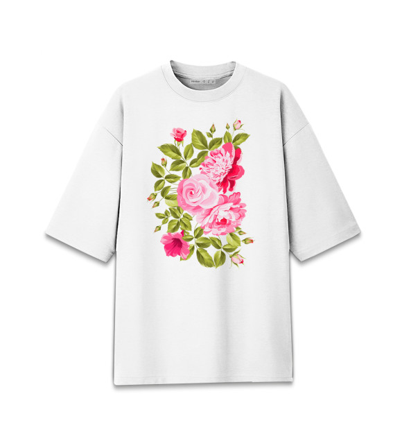 Мужская футболка оверсайз с изображением Розы и пионы цвета Белый