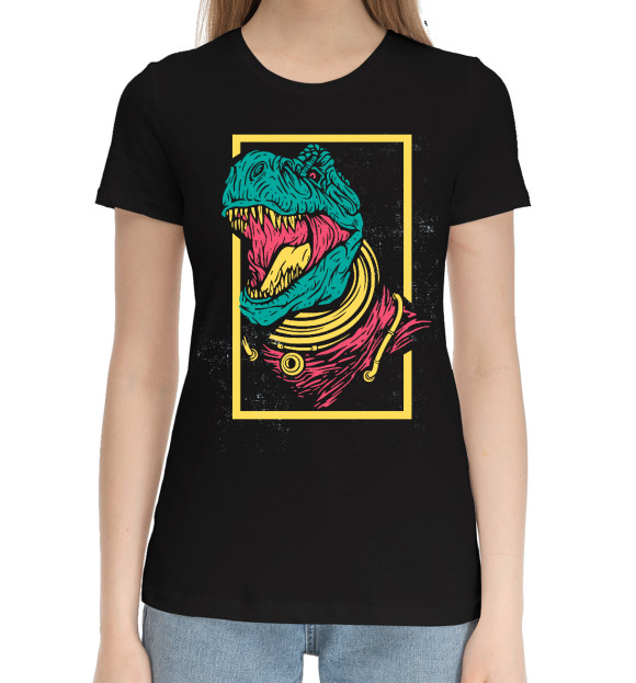 Женская хлопковая футболка с изображением Динозавр в графике цвета Черный