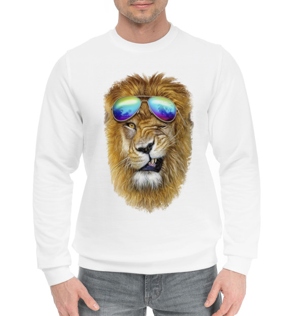 Мужской хлопковый свитшот с изображением Лев в очках цвета Белый