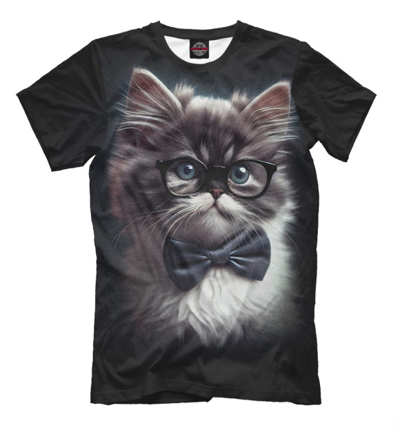 Мужская футболка с изображением Милый пушистый котенок в очках цвета Белый