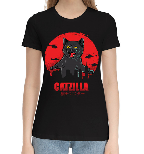 Женская хлопковая футболка с изображением Cat цвета Черный