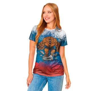 Женская футболка Рычащий медведь на фоне триколора