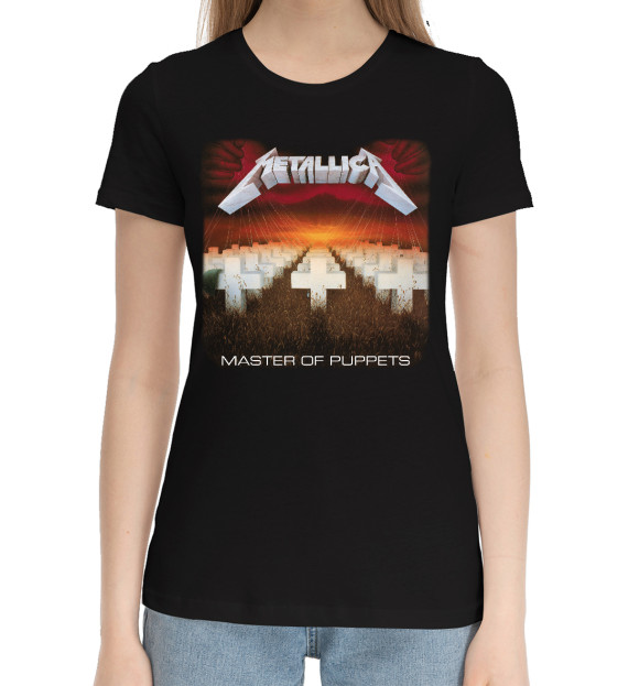 Женская хлопковая футболка с изображением Metallica цвета Черный