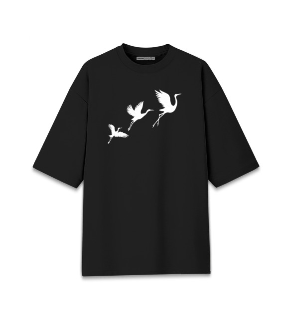 Женская футболка оверсайз с изображением Улетающие журавли цвета Черный