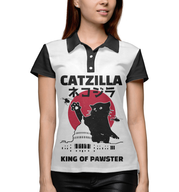 Женское поло с изображением Котзилла цвета Белый