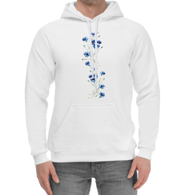 Мужской хлопковый худи с притом Васильки цвета Белый Мужской хлопковый худи с изображением Васильки цвета Белый