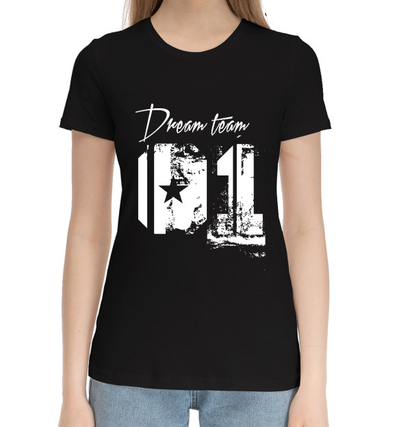 Женская хлопковая футболка с изображением 01 - Команда мечты цвета Черный