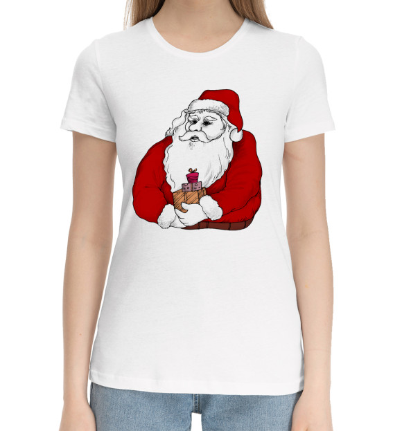 Женская хлопковая футболка с изображением Дед мороз цвета Белый