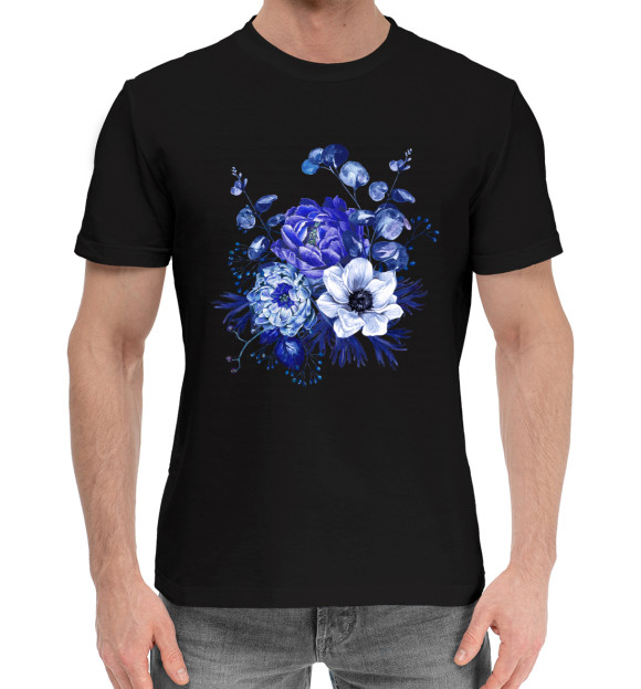 Мужская хлопковая футболка с изображением Blue Flowers цвета Черный