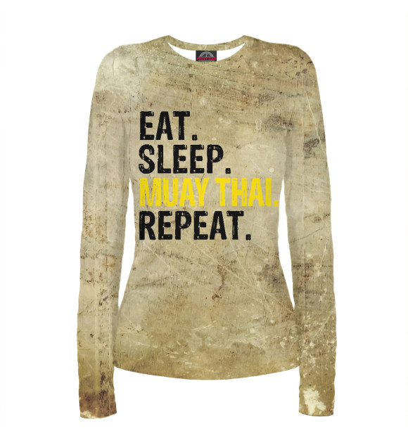Женский лонгслив с притом Eat Sleep Muay Thai Repeat цвета Белый Женский лонгслив с изображением Eat Sleep Muay Thai Repeat цвета Белый