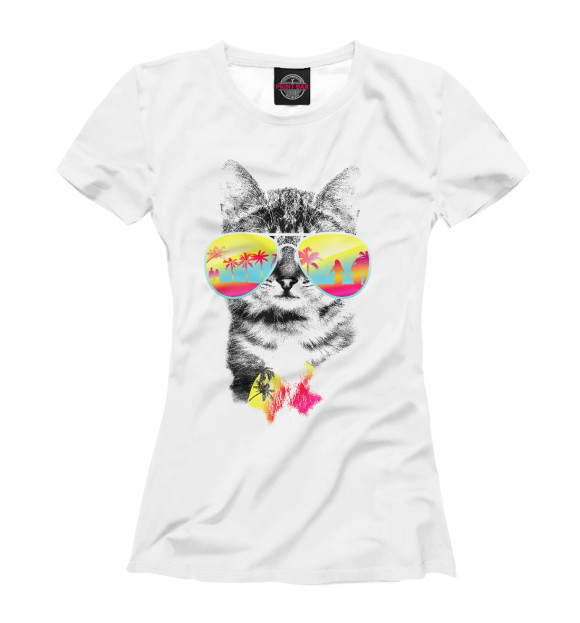 Женская футболка с изображением Солнечный кот цвета Белый