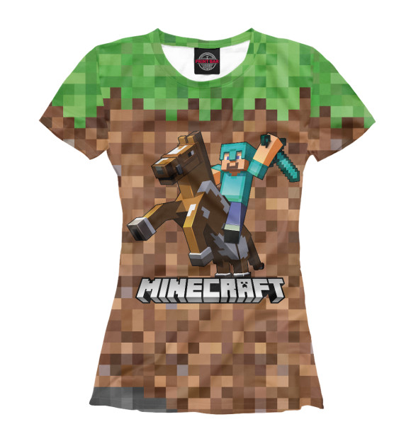 Футболка для девочек с изображением МАЙНКРАФТ НА КОНЕ MINECRAFT цвета Белый