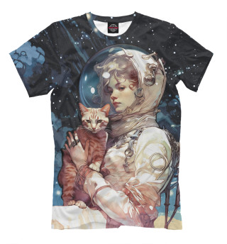 Мужская футболка Девушка космонавт с рыжим котом