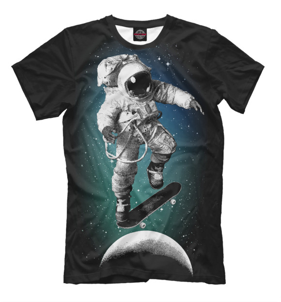 Мужская футболка с изображением Космический скейтбордист цвета Черный