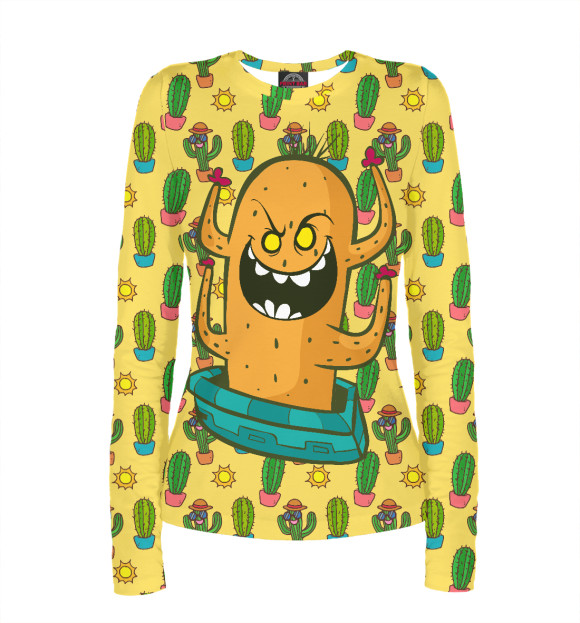 Женский лонгслив с изображением Злой кактус цвета Белый