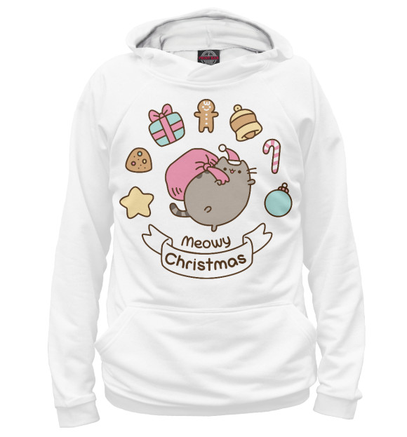 Мужское худи с изображением Pusheen Christmas цвета Белый