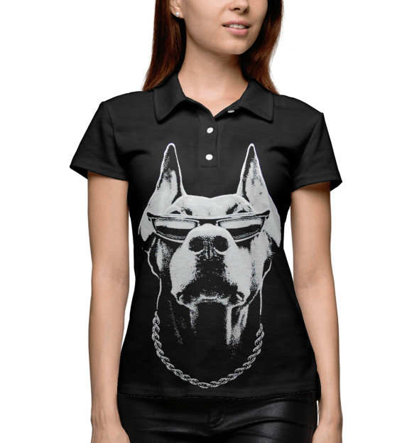 Женское поло с изображением Доберман в очках цвета Белый
