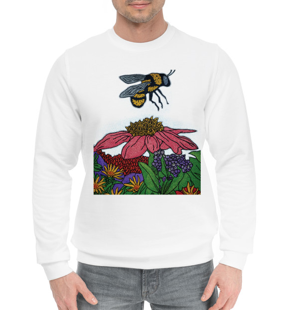 Мужской хлопковый свитшот с изображением Пчела на работе цвета Белый