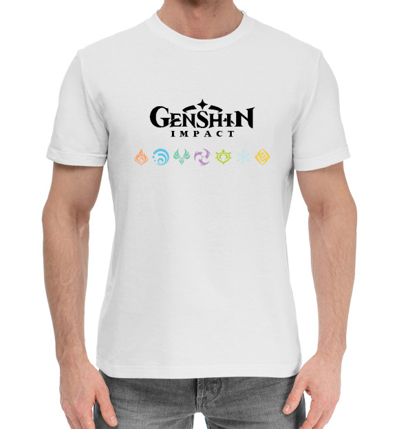 Мужская хлопковая футболка с изображением Genshin Impact, Elements цвета Белый