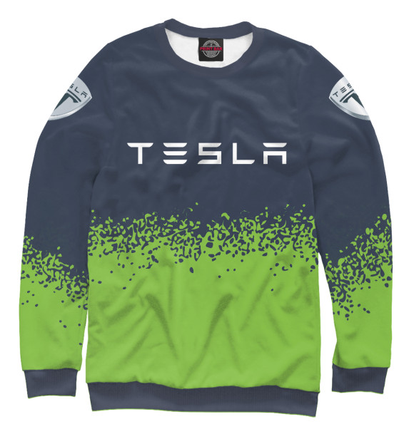 Мужской свитшот с изображением Tesla | Спрей (На рукавах) цвета Белый
