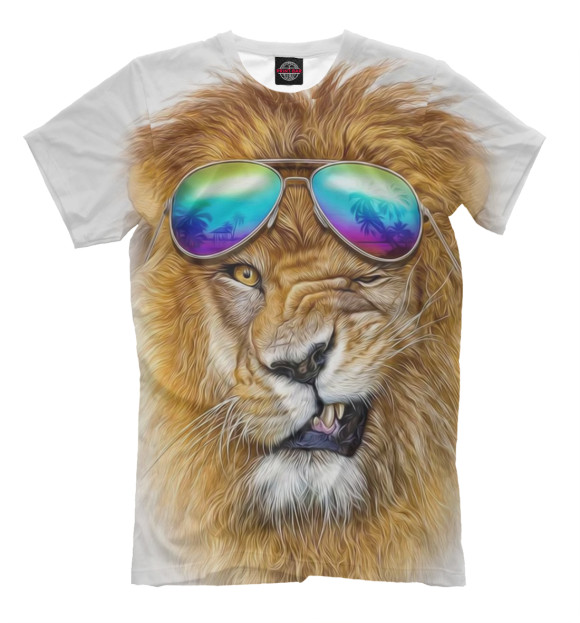 Мужская футболка с изображением Лев в очках цвета Молочно-белый