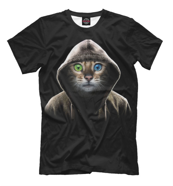 Мужская футболка с изображением Кот в капюшоне цвета Черный