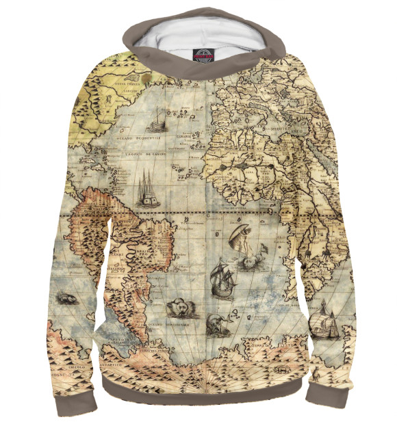 Женское худи с изображением Древняя карта мира, Тихий океан цвета Белый