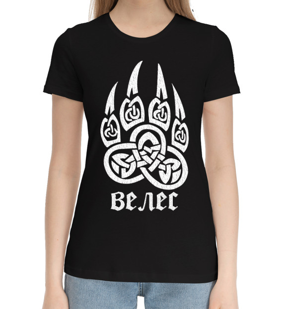 Женская хлопковая футболка с изображением Обережная символика Велеса цвета Черный