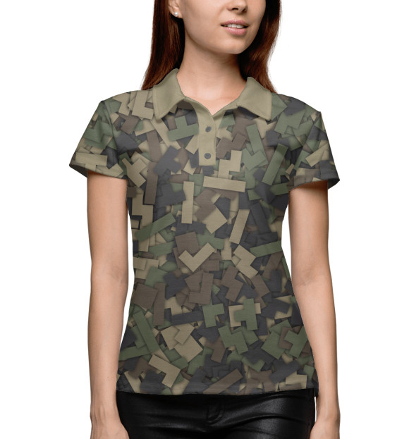 Женское поло с притом Камуфляж - тетрис цвета Белый Женское поло с изображением Камуфляж - тетрис цвета Белый