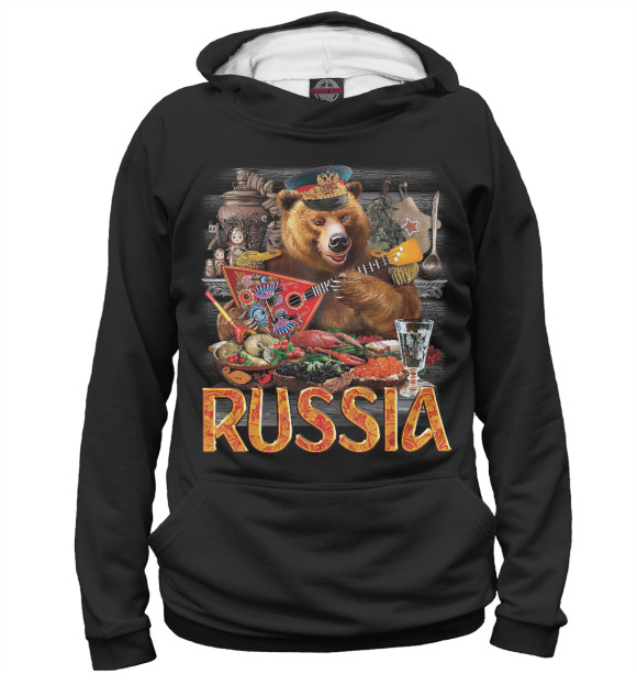 Женское худи с изображением RUSSIA (Русский Медведь) цвета Белый